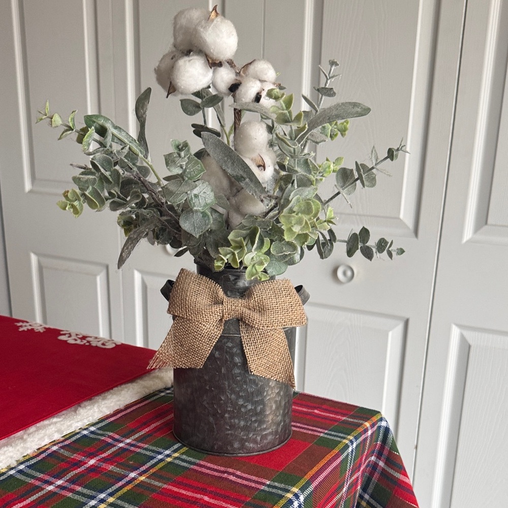 Rustic Metal Vase with Cotton and Greenery
